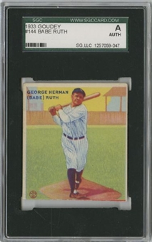 1933 Goudey #144 Babe Ruth – SGC AUTHENTIC    